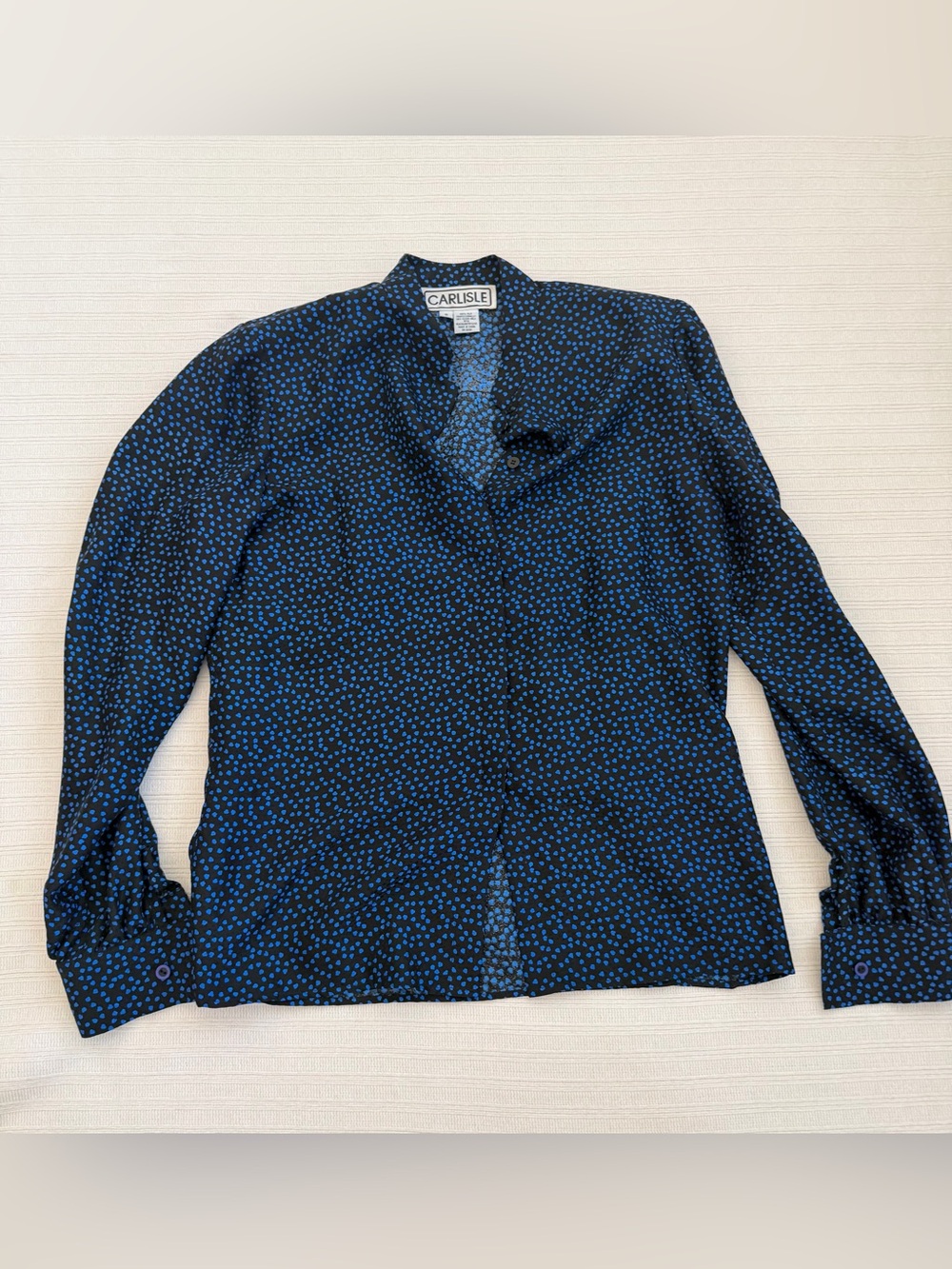 Carlisle 100% Silk Black Blue Heart Polka Dot Button Up Blouse Shoulder Pads 8